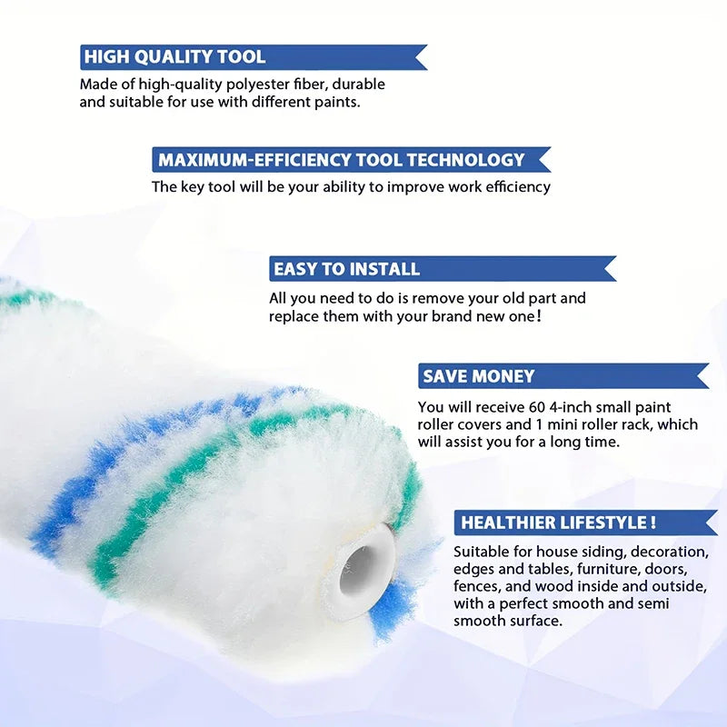 1pc Mini Paint Roller Covers Handle with 60 Roller Brushes 4-Inch Small Paint Rollers Reusable Paint Roller Handle for Walls