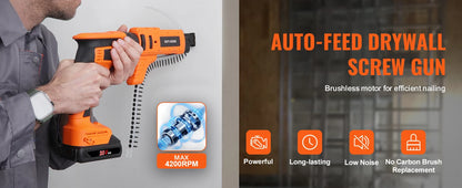 SucceBuy Drywall Screw Gun 20V Max Drywall Screwgun 4200RPM Brushles Cordless Drywall Kit Reverse Adjustable Built-in LED Light