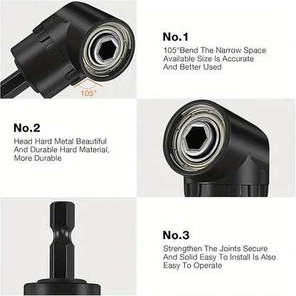 6Pcs Right Angle Drill Attachment Set - 3x360° Rotatable Impact Socket Adapters + 2 Hex Shank 105° Angle Drill Accessories