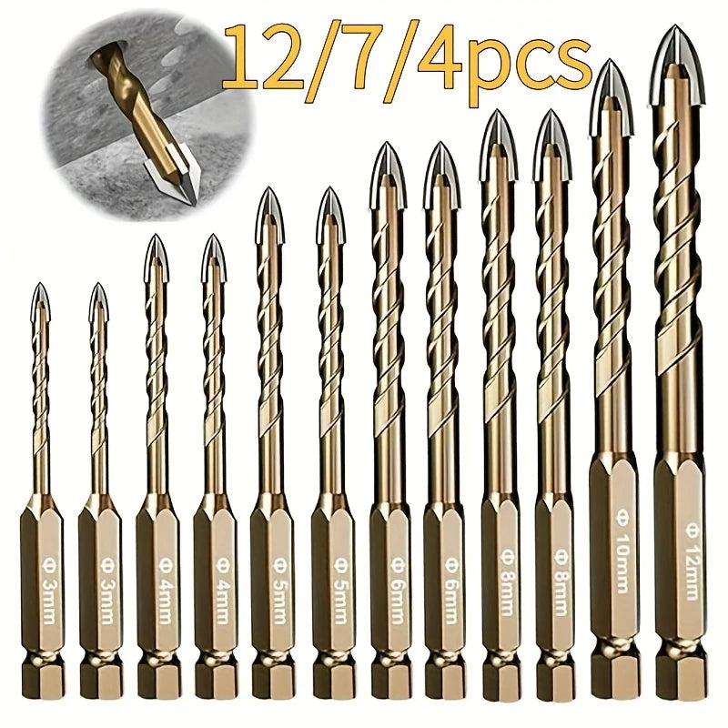 12/7/4pcs Hexagonal Shank Tile Drill Set Glass Drill Masonry Drill Bit Set 3-12mm Drill Ceramic Drill Tile Drilling Tools Set