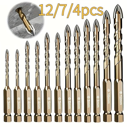 12/7/4pcs Hexagonal Shank Tile Drill Set Glass Drill Masonry Drill Bit Set 3-12mm Drill Ceramic Drill Tile Drilling Tools Set