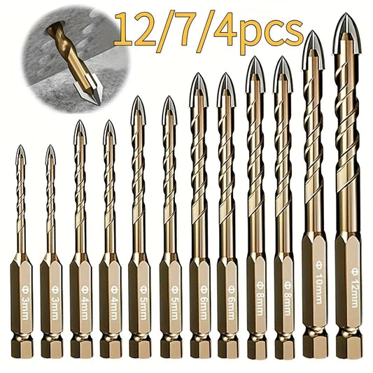 12/7/4pcs Hexagonal Shank Tile Drill Set Glass Drill Masonry Drill Bit Set 3-12mm Drill Ceramic Drill Tile Drilling Tools Set