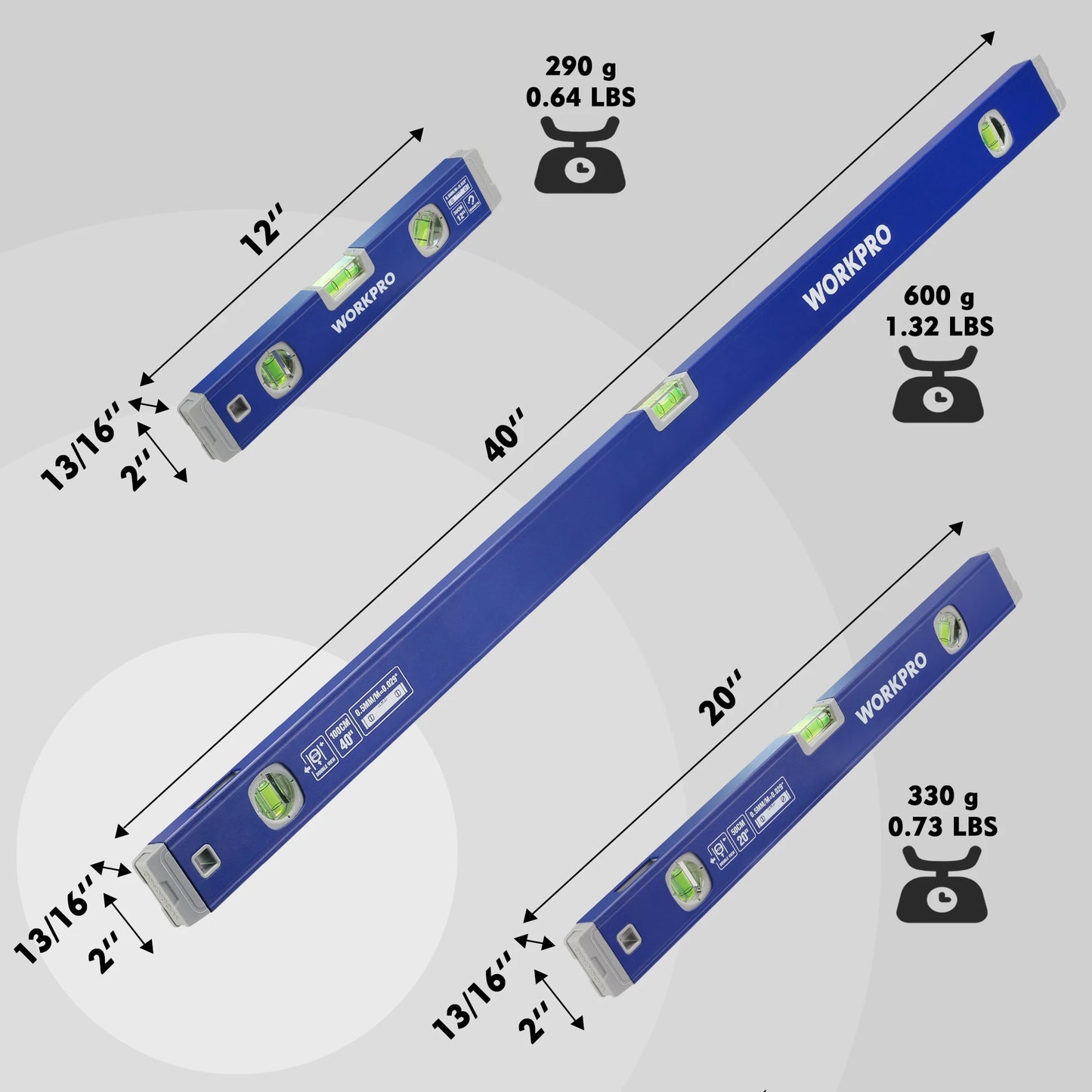 WORKPRO 3-Piece Spirit Level Set (12", 20", 40"), Level Set with Magnetic Torpedo Level, 45°/90°/180°Bubbles Measuring