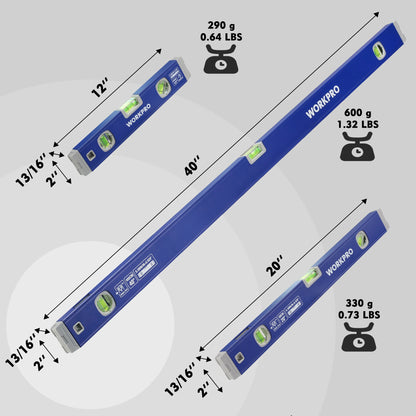 WORKPRO 3-Piece Spirit Level Set (12", 20", 40"), Level Set with Magnetic Torpedo Level, 45°/90°/180°Bubbles Measuring