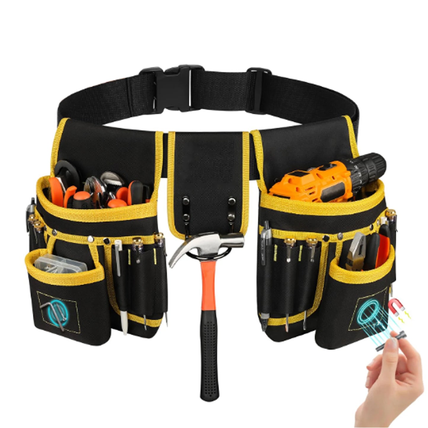 XMSJ Men's magnetic tool belt, 26-pocket heavy-duty tool bag, magnetic gun holster nail detachable and adjustable waist bracket