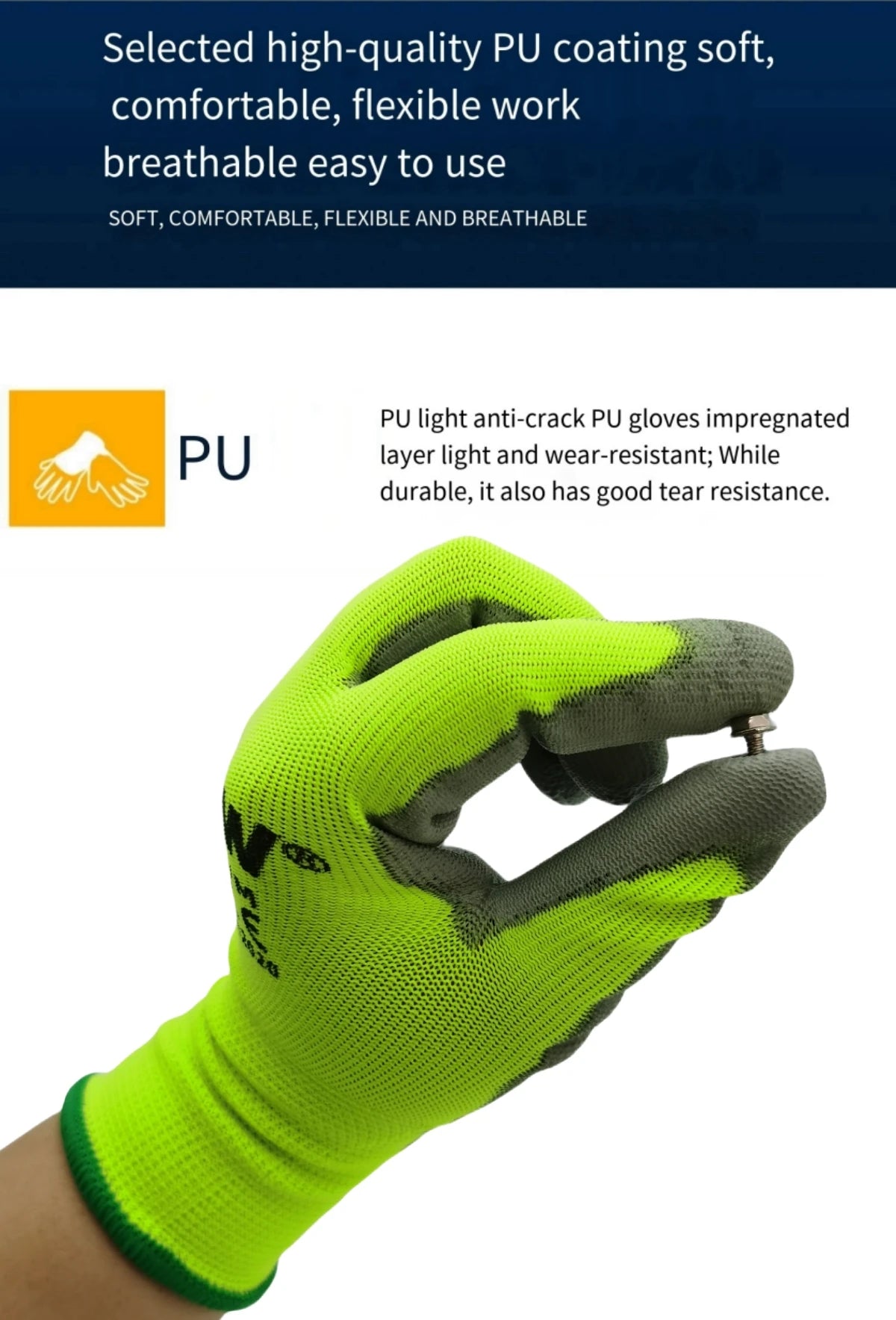 10 Pairs PU Coated Work Gloves - Lightweight, Durable Safety Gloves EN 388/ISO20471 Certified, Sizes S/M/L/XL