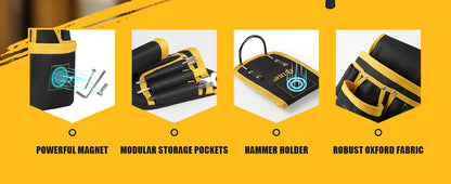 XMSJ Men's magnetic tool belt, 26-pocket heavy-duty tool bag, magnetic gun holster nail detachable and adjustable waist bracket