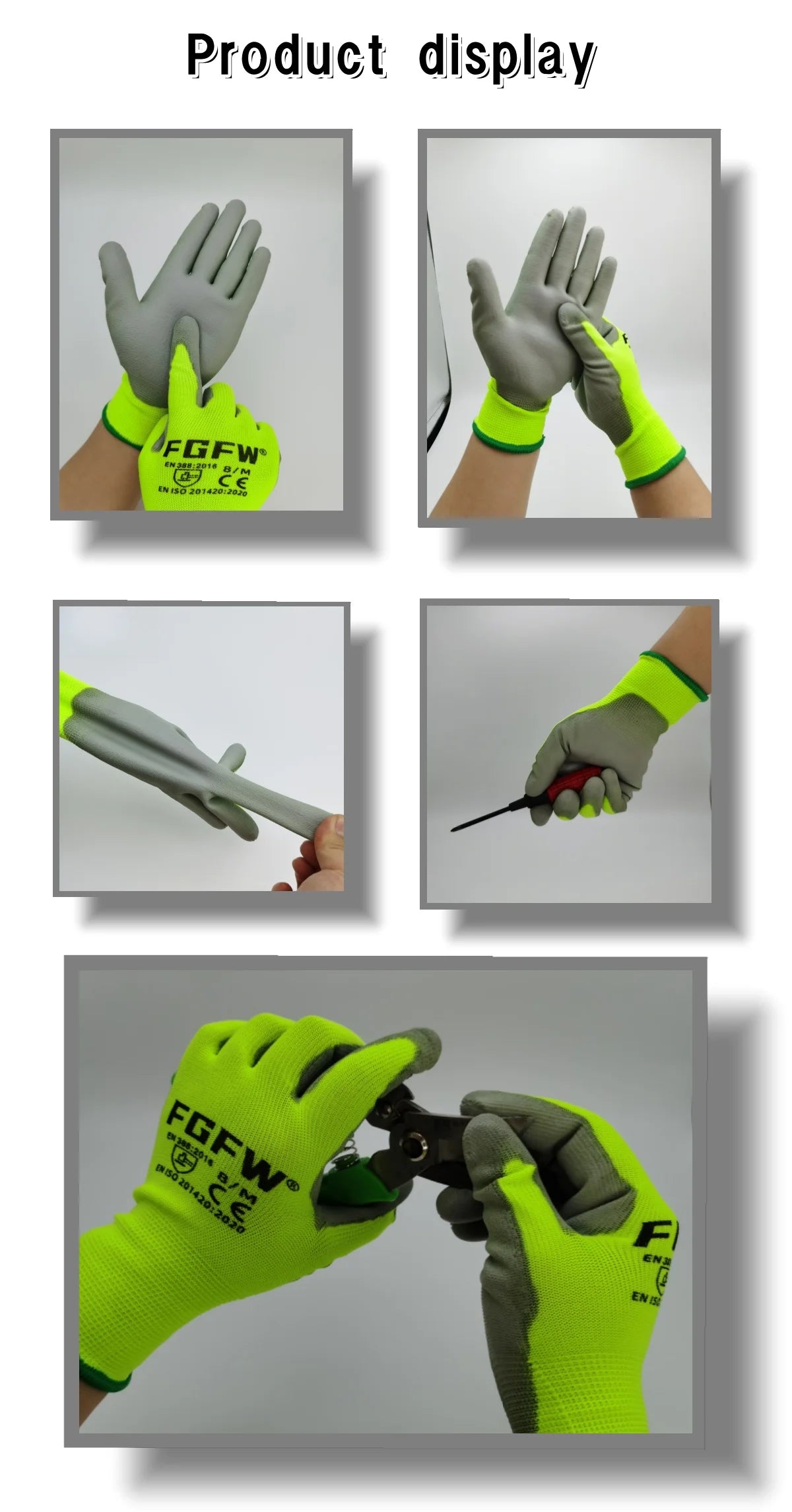10 Pairs PU Coated Work Gloves - Lightweight, Durable Safety Gloves EN 388/ISO20471 Certified, Sizes S/M/L/XL