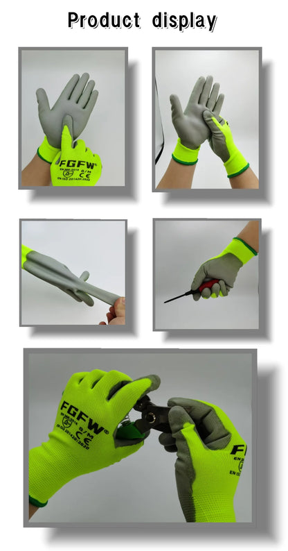 10 Pairs PU Coated Work Gloves - Lightweight, Durable Safety Gloves EN 388/ISO20471 Certified, Sizes S/M/L/XL