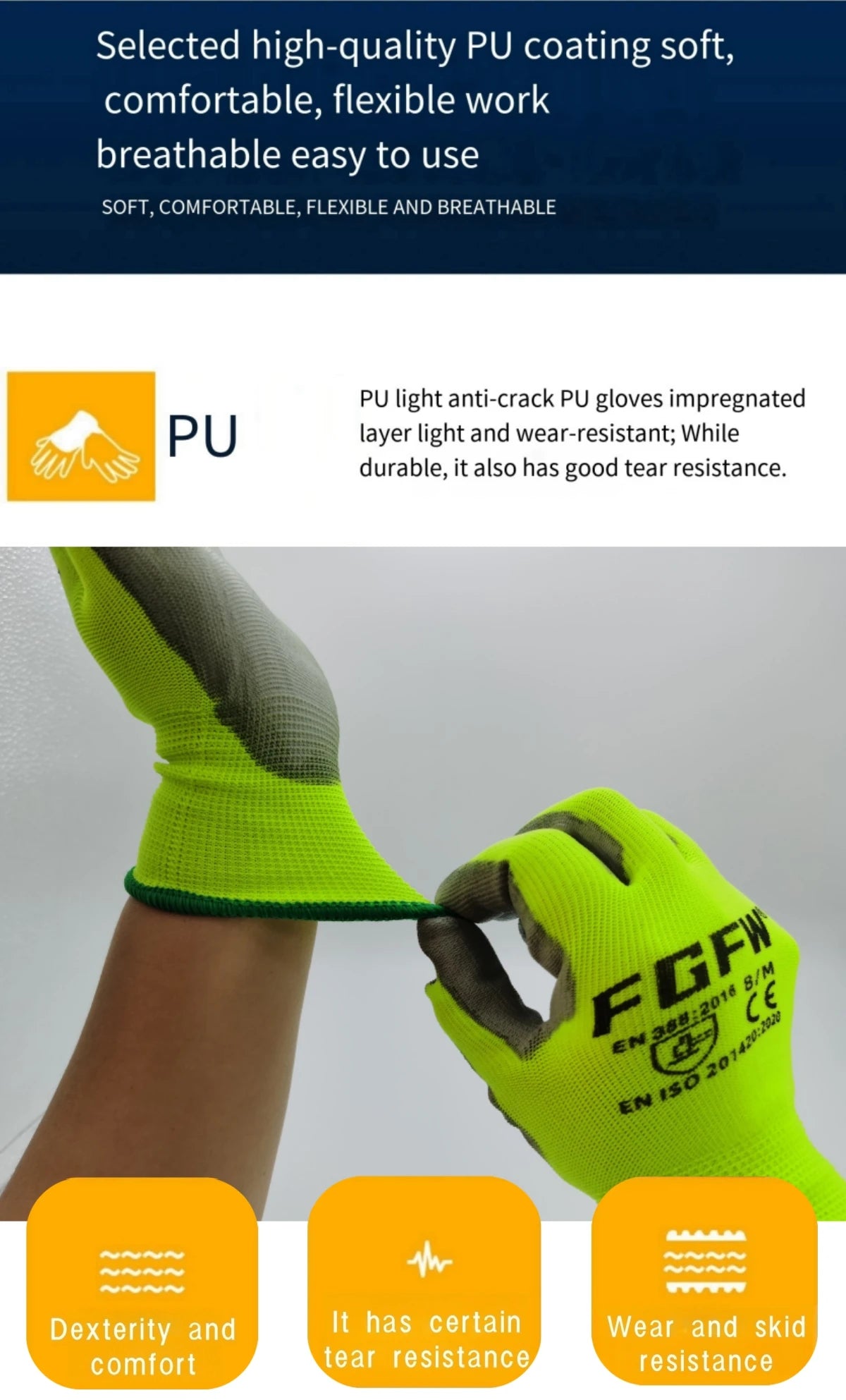 10 Pairs PU Coated Work Gloves - Lightweight, Durable Safety Gloves EN 388/ISO20471 Certified, Sizes S/M/L/XL