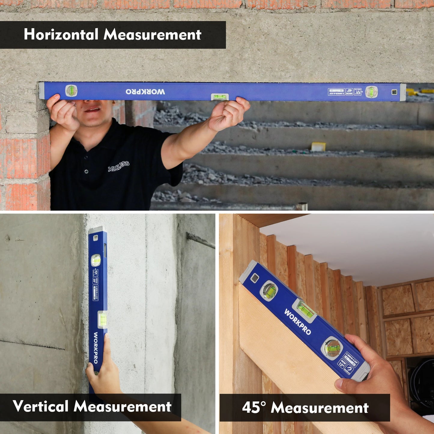 WORKPRO 3-Piece Spirit Level Set (12", 20", 40"), Level Set with Magnetic Torpedo Level, 45°/90°/180°Bubbles Measuring