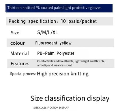 10 Pairs PU Coated Work Gloves - Lightweight, Durable Safety Gloves EN 388/ISO20471 Certified, Sizes S/M/L/XL