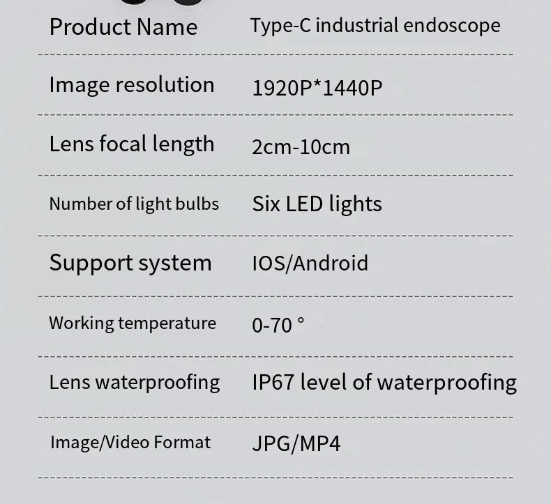 7.0MM TYPE-C Endoscope Camera IP67 Waterproof 6 LEDs Adjustable USB Android Flexible Inspection Borescope Cameras for Phone PC