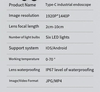 7.0MM TYPE-C Endoscope Camera IP67 Waterproof 6 LEDs Adjustable USB Android Flexible Inspection Borescope Cameras for Phone PC