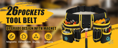 XMSJ Men's magnetic tool belt, 26-pocket heavy-duty tool bag, magnetic gun holster nail detachable and adjustable waist bracket