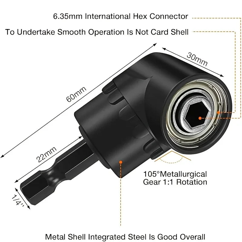 6Pcs Right Angle Drill Attachment Set - 3x360° Rotatable Impact Socket Adapters + 2 Hex Shank 105° Angle Drill Accessories