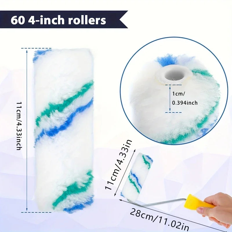 1pc Mini Paint Roller Covers Handle with 60 Roller Brushes 4-Inch Small Paint Rollers Reusable Paint Roller Handle for Walls