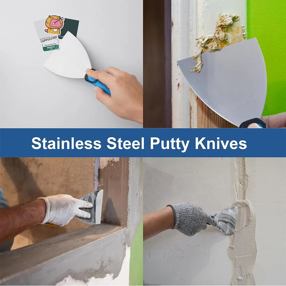 KEZERS Drywall Hand Tool Kit, 5/7 Pieces 3" 4" 5" 6" 8" 10" 12" Stainless Steel Drywall Knife with Metal Hammer End