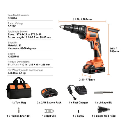 SucceBuy Drywall Screw Gun 20V Max Drywall Screwgun 4200RPM Brushles Cordless Drywall Kit Reverse Adjustable Built-in LED Light