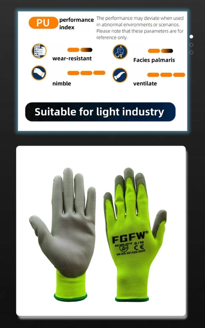 10 Pairs PU Coated Work Gloves - Lightweight, Durable Safety Gloves EN 388/ISO20471 Certified, Sizes S/M/L/XL