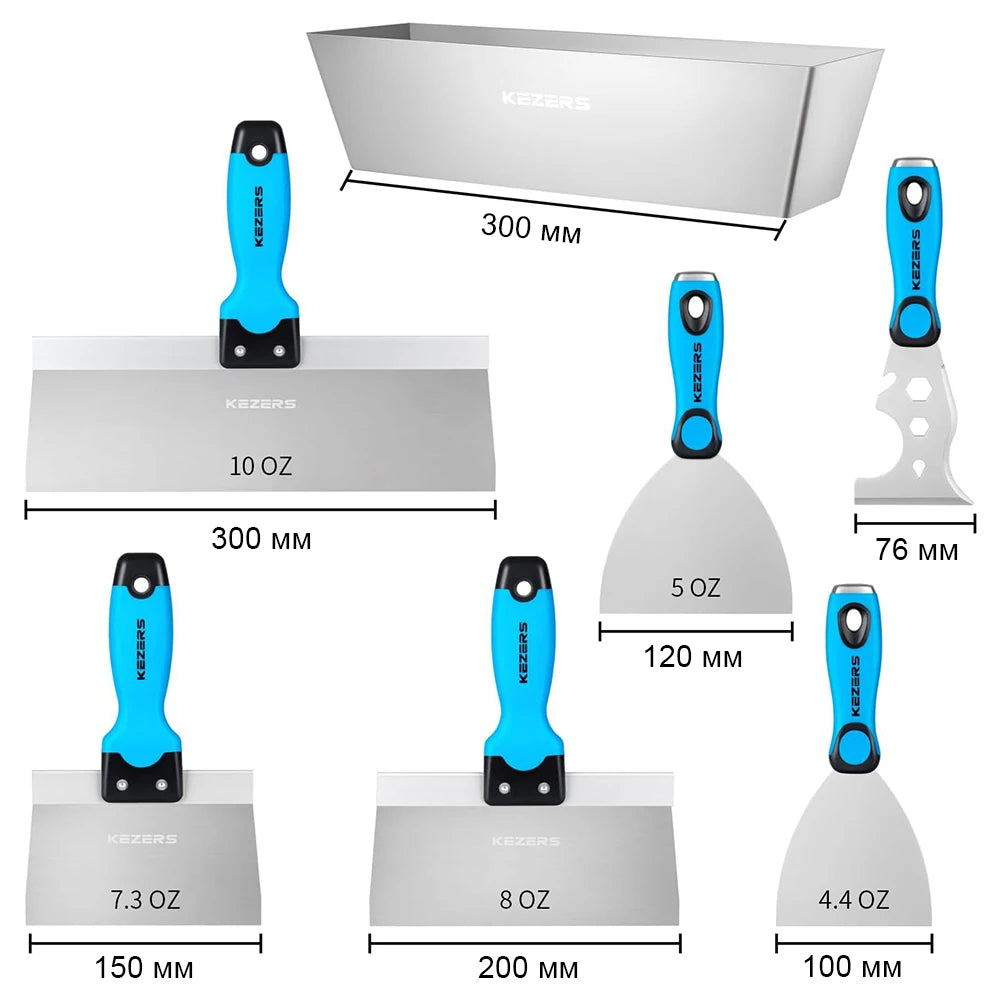 KEZERS Drywall Hand Tool Kit, 5/7 Pieces 3" 4" 5" 6" 8" 10" 12" Stainless Steel Drywall Knife with Metal Hammer End