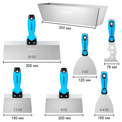 KEZERS Drywall Hand Tool Kit, 5/7 Pieces 3" 4" 5" 6" 8" 10" 12" Stainless Steel Drywall Knife with Metal Hammer End