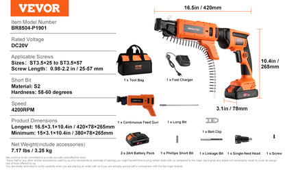 SucceBuy Drywall Screw Gun 20V Max Drywall Screwgun 4200RPM Brushles Cordless Drywall Kit Reverse Adjustable Built-in LED Light