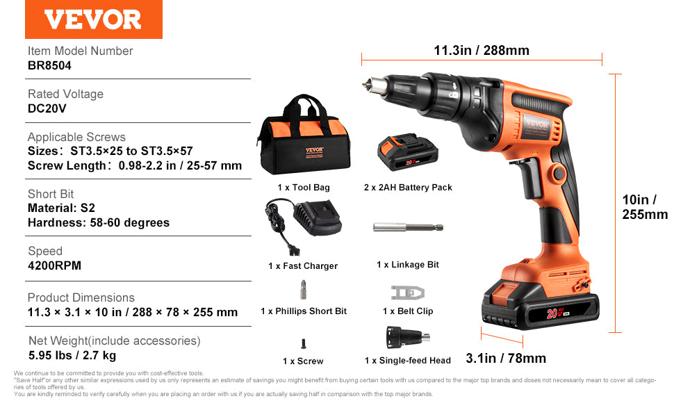 SucceBuy Drywall Screw Gun 20V Max Drywall Screwgun 4200RPM Brushles Cordless Drywall Kit Reverse Adjustable Built-in LED Light