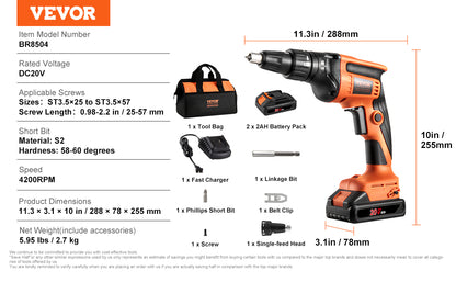 SucceBuy Drywall Screw Gun 20V Max Drywall Screwgun 4200RPM Brushles Cordless Drywall Kit Reverse Adjustable Built-in LED Light