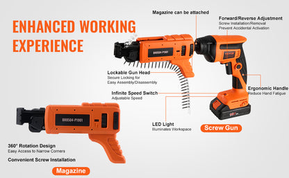 SucceBuy Drywall Screw Gun 20V Max Drywall Screwgun 4200RPM Brushles Cordless Drywall Kit Reverse Adjustable Built-in LED Light