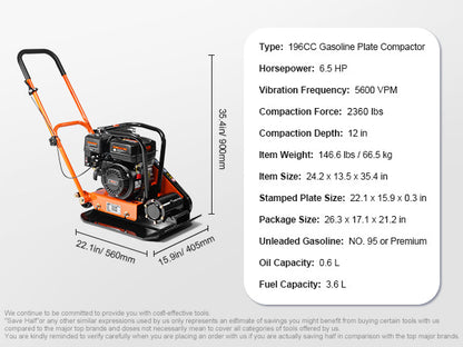 SucceBuy Gasoline Plate Compactor 6.5 HP Force Vibratory Compaction Tamper For Walkways, Patios, Asphalts Paver Landscaping