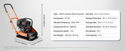 SucceBuy Gasoline Plate Compactor 6.5 HP Force Vibratory Compaction Tamper For Walkways, Patios, Asphalts Paver Landscaping